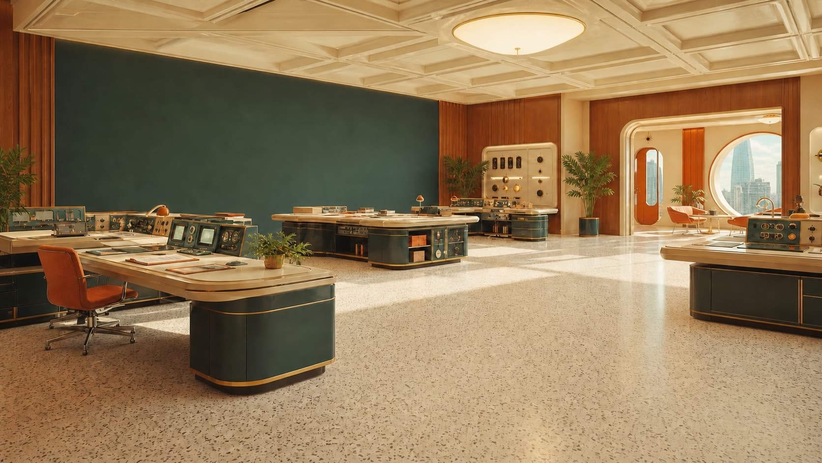 Unoccupied operations studio with worktables and instrument panels